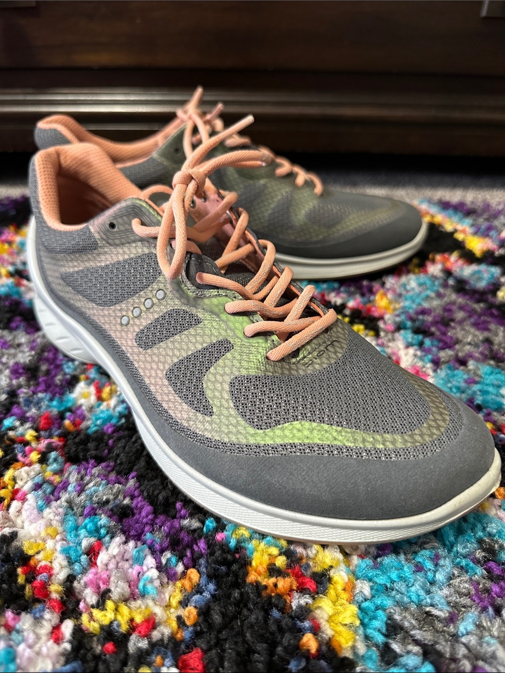 Ecco Women's Gray Athletic Sneakers with Peach Laces and Subtle Green Accents